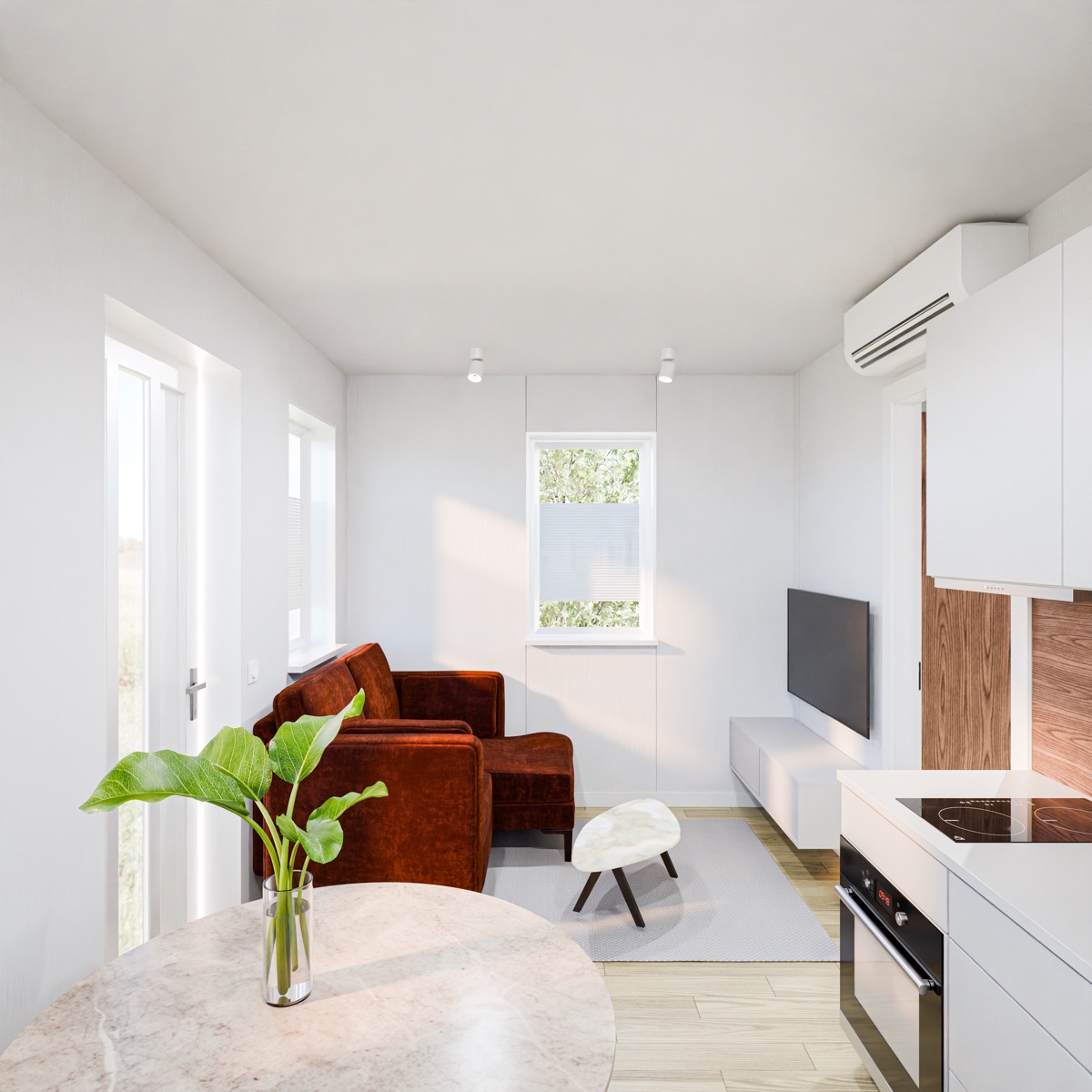 Structor 35 interieur, woonkamer met bruine bank