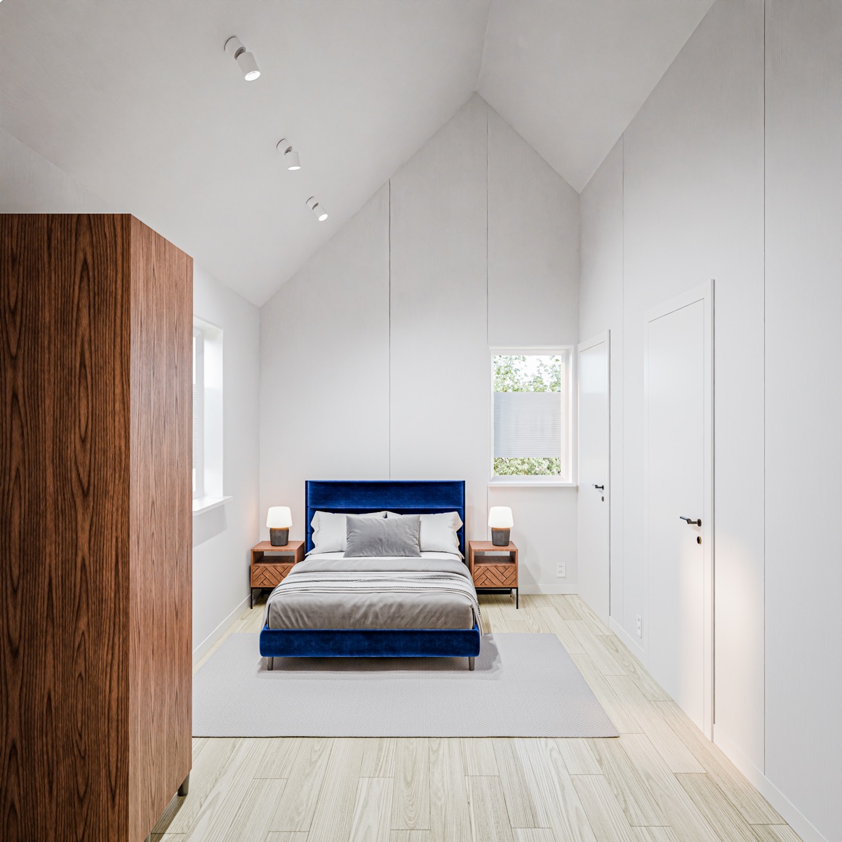 Structor 35 interieur, slaapkamer met blauw bed
