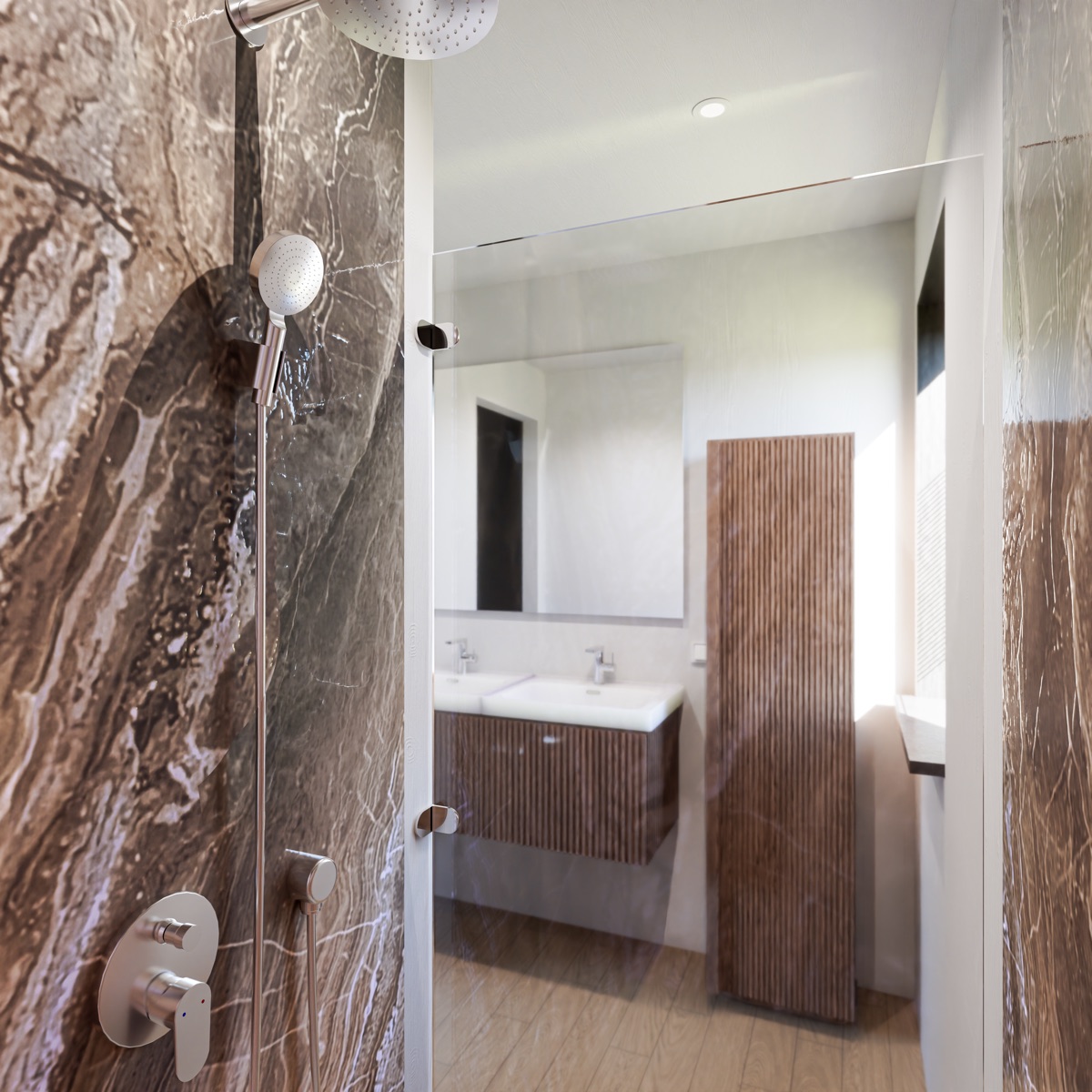 Structor 75 interieur, tweede badkamer met douche